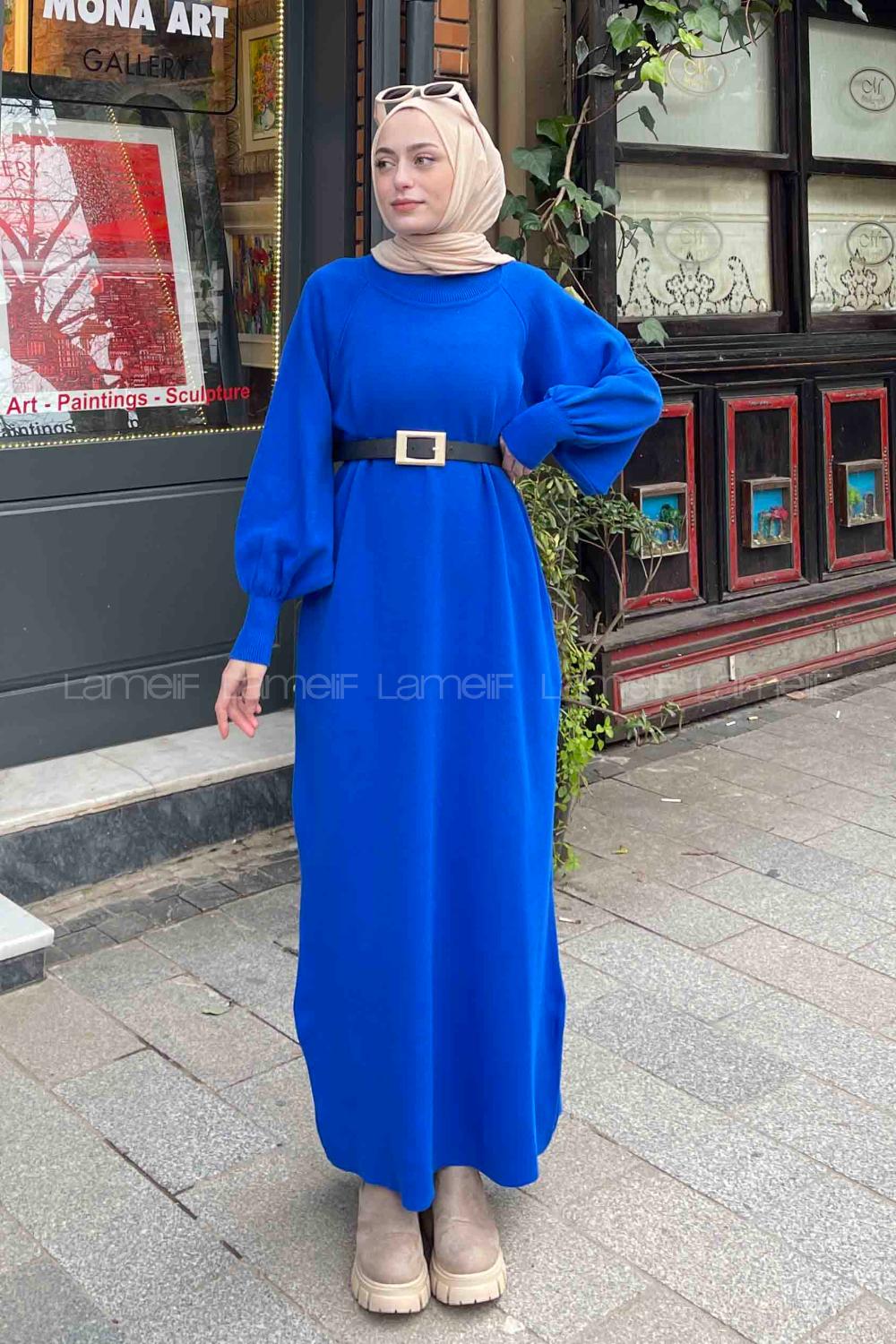 Lamelif Balon Kol Triko Elbise Saks Mavisi