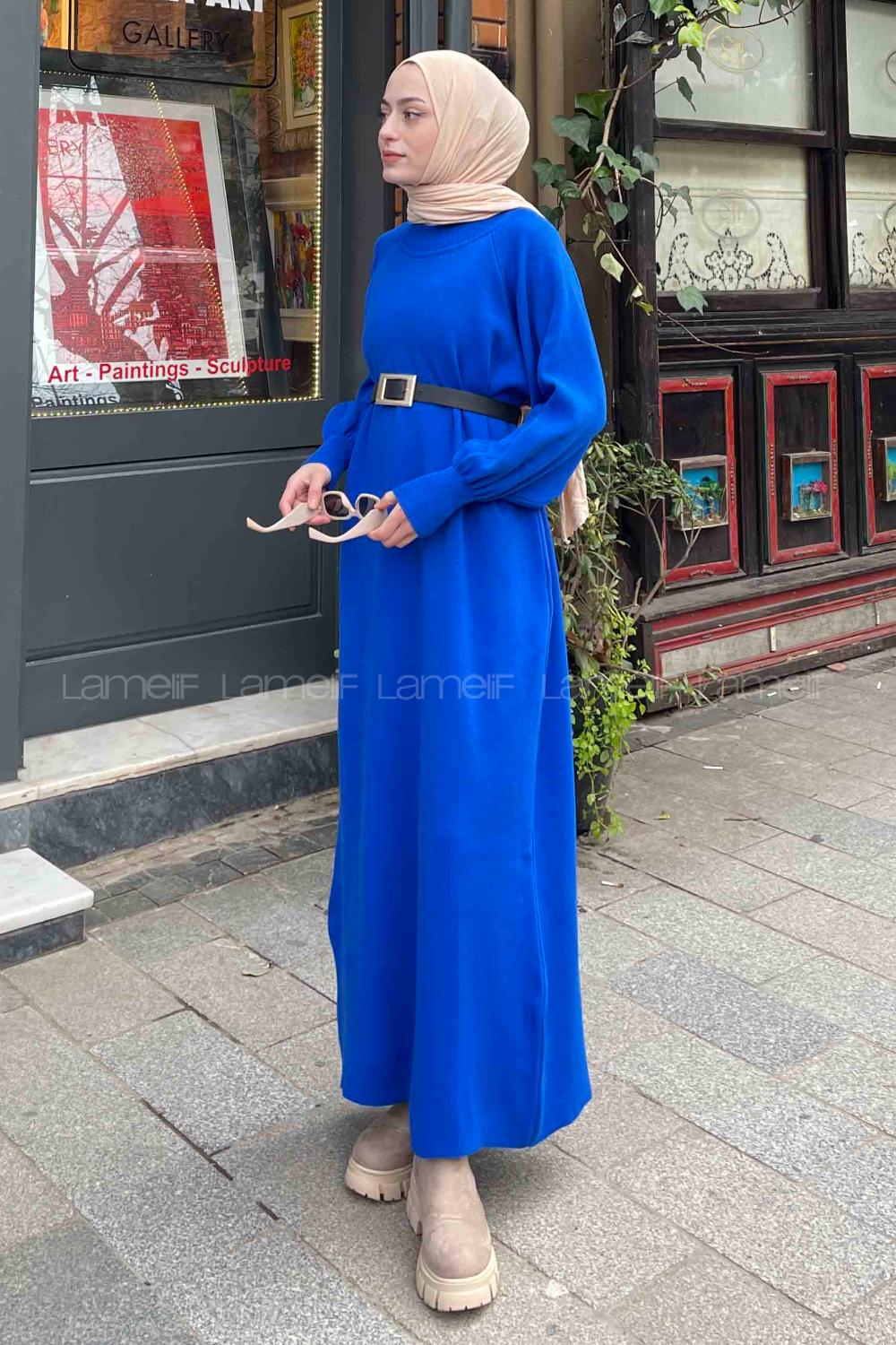 Lamelif Balon Kol Triko Elbise Saks Mavisi