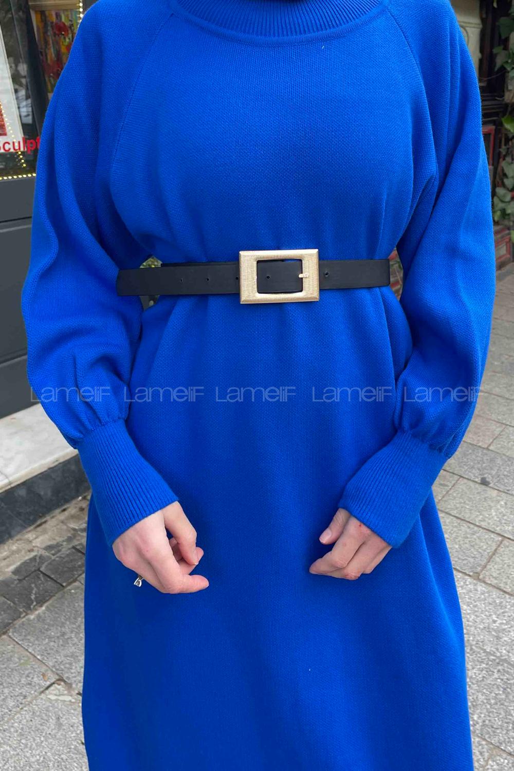 Lamelif Balon Kol Triko Elbise Saks Mavisi