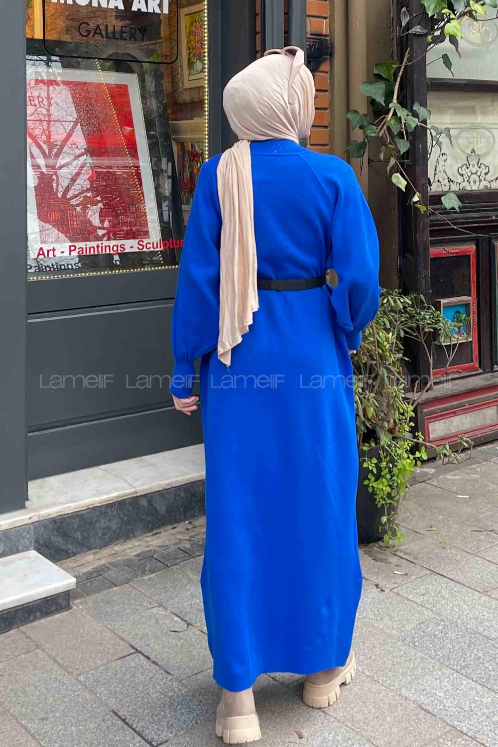 Lamelif Balon Kol Triko Elbise Saks Mavisi