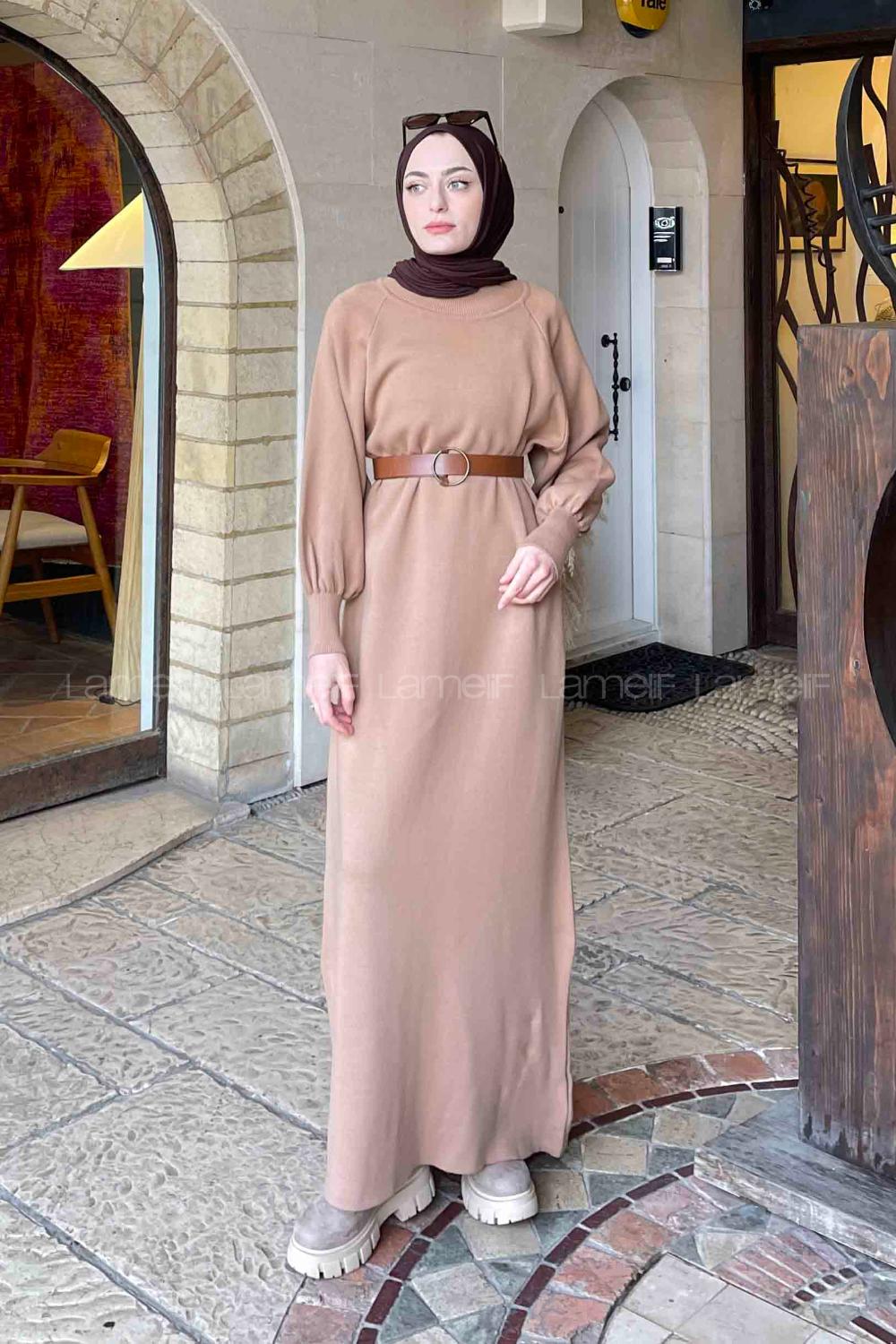Lamelif Balon Kol Triko Tesettür Elbise Sütlü Kahve
