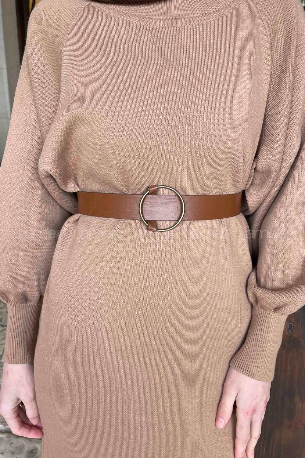 Lamelif Balon Kol Triko Tesettür Elbise Sütlü Kahve