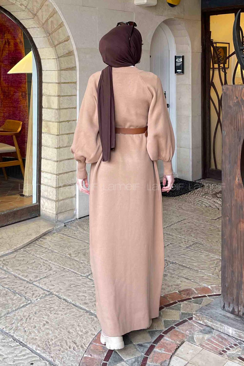 Lamelif Balon Kol Triko Tesettür Elbise Sütlü Kahve