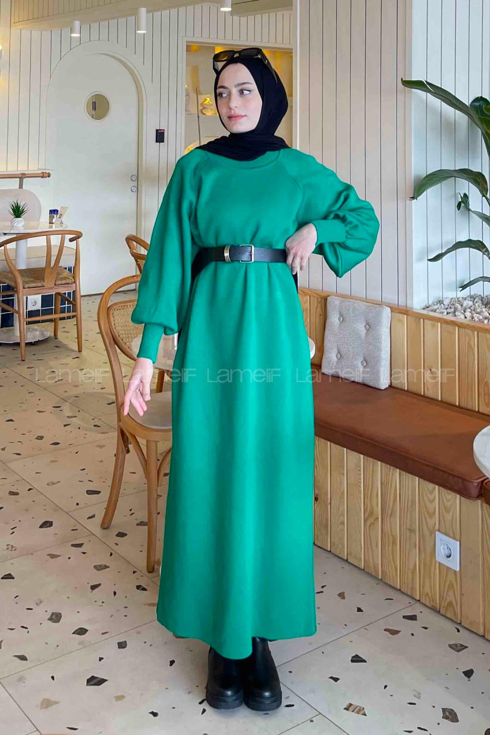 Lamelif Balon Kol Triko Elbise Yeşil