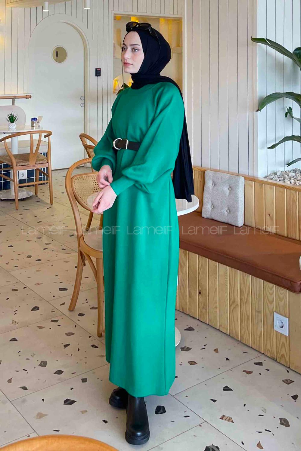 Lamelif Balon Kol Triko Elbise Yeşil