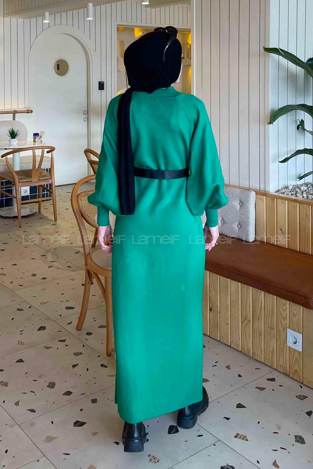 Lamelif Balon Kol Triko Elbise Yeşil