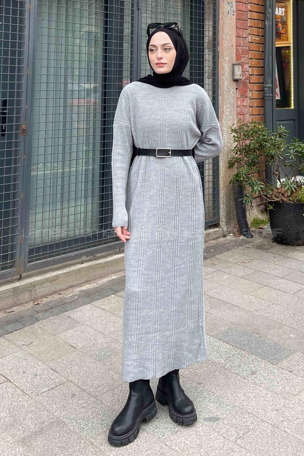 Lamelif Fitilli Triko Uzun Tesettür Elbise Gri