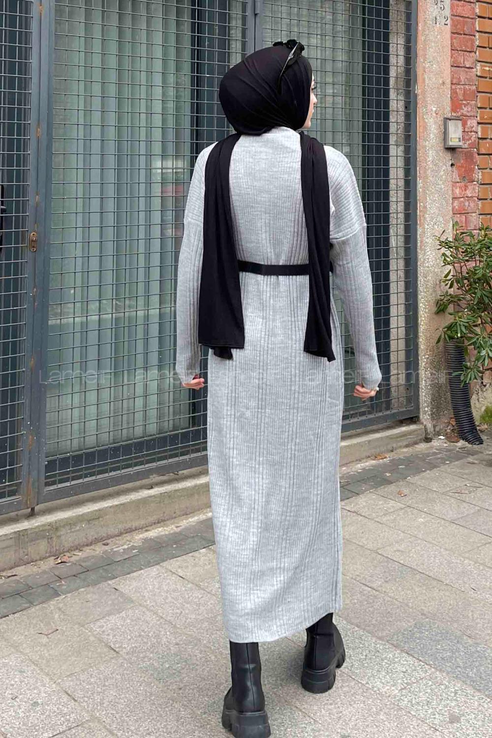 Lamelif Fitilli Triko Uzun Tesettür Elbise Gri