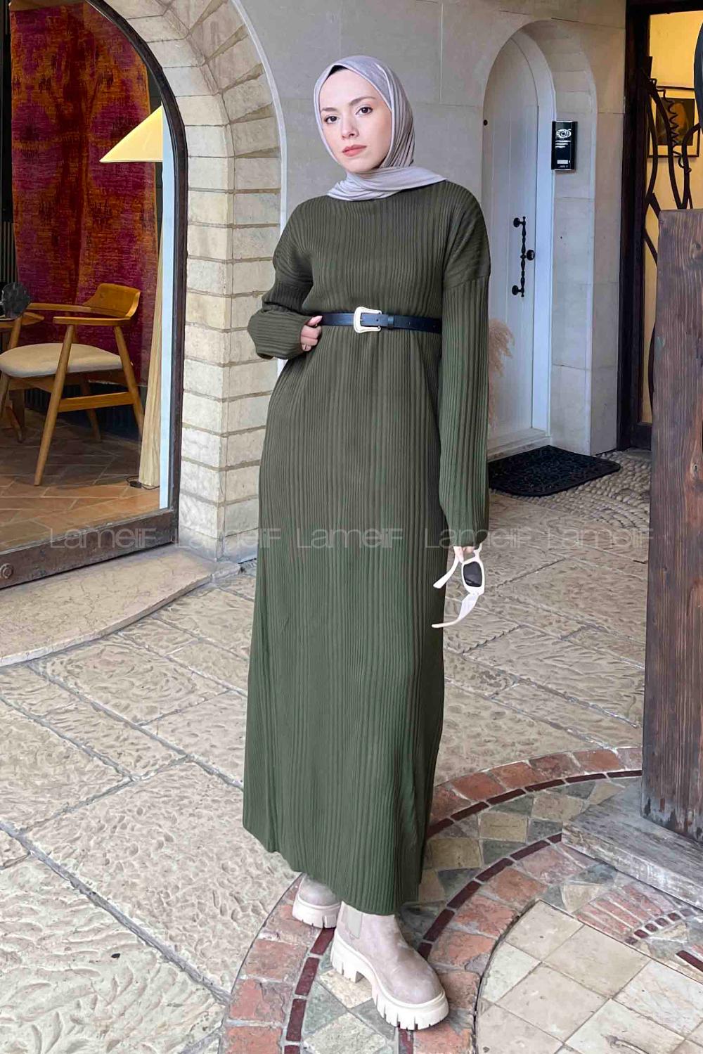 Lamelif Fitilli Triko Uzun Elbise Haki