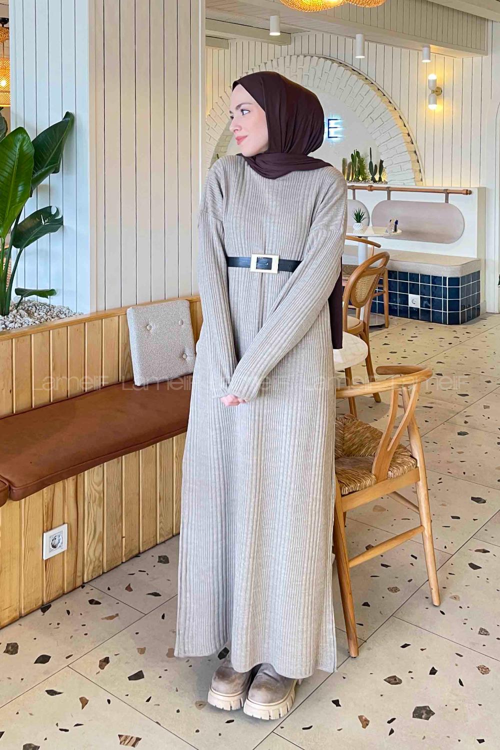 Lamelif Fitilli Triko Uzun Elbise  Kum Beji