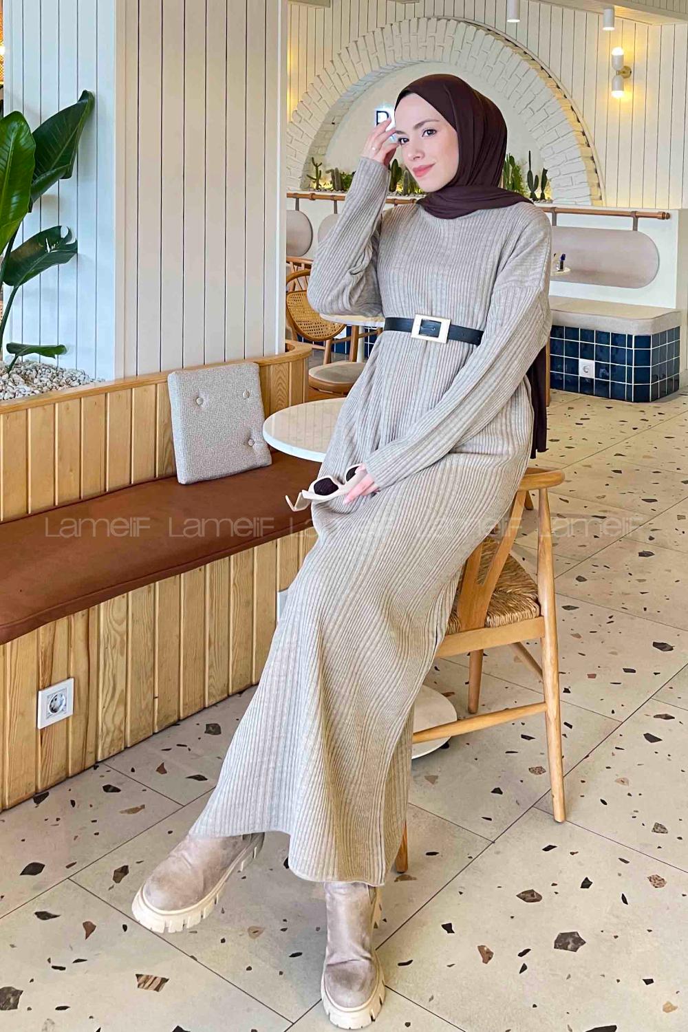 Lamelif Fitilli Triko Uzun Elbise  Kum Beji