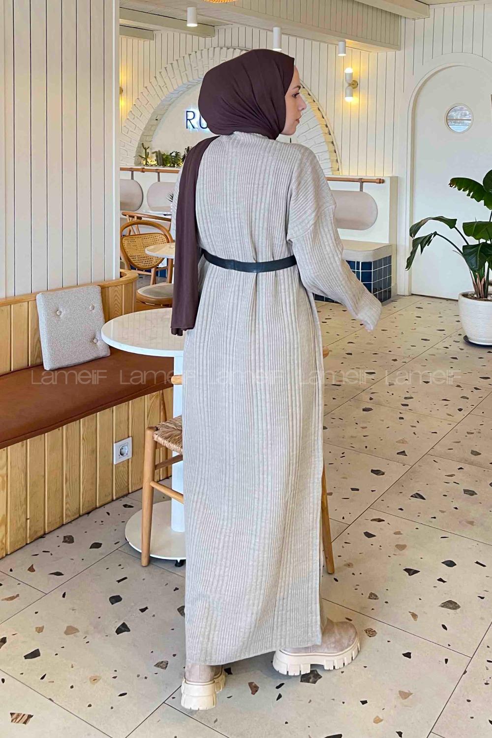 Lamelif Fitilli Triko Uzun Elbise  Kum Beji