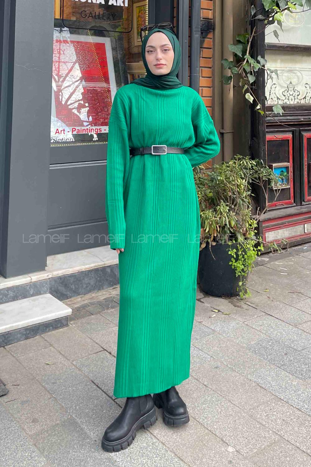 Lamelif Fitilli Triko Uzun Elbise Yeşil