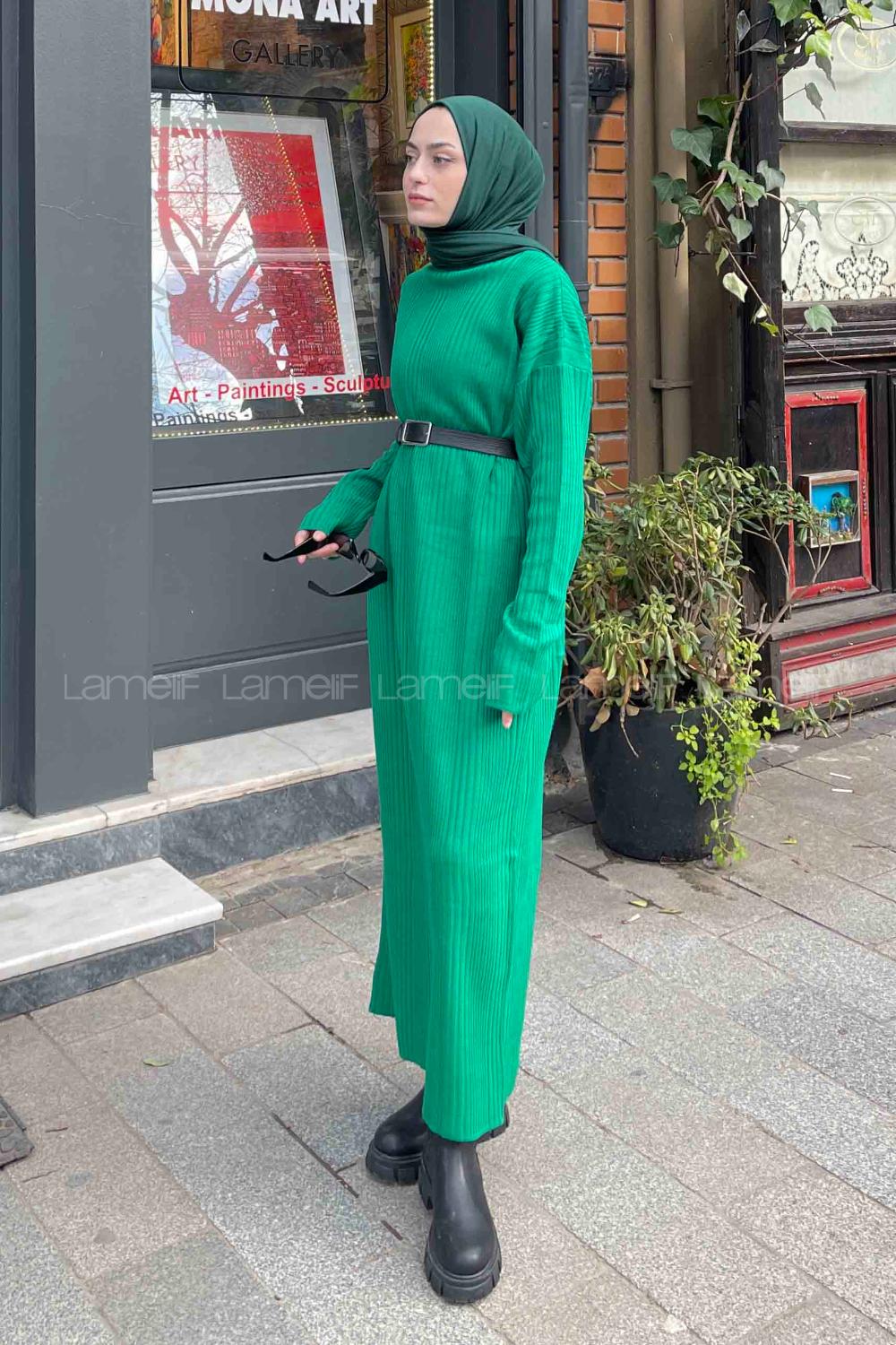 Lamelif Fitilli Triko Uzun Elbise Yeşil