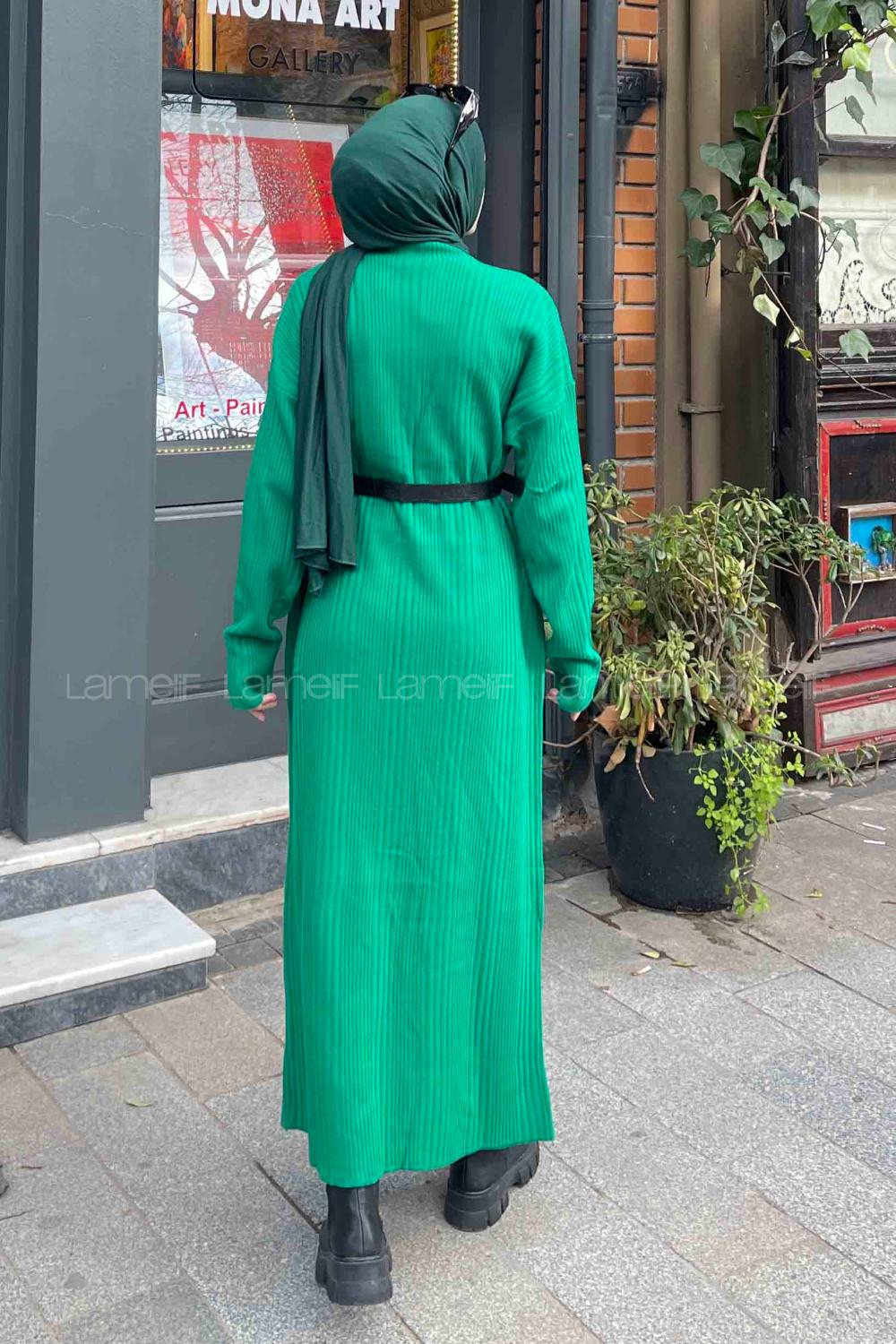 Lamelif Fitilli Triko Uzun Elbise Yeşil