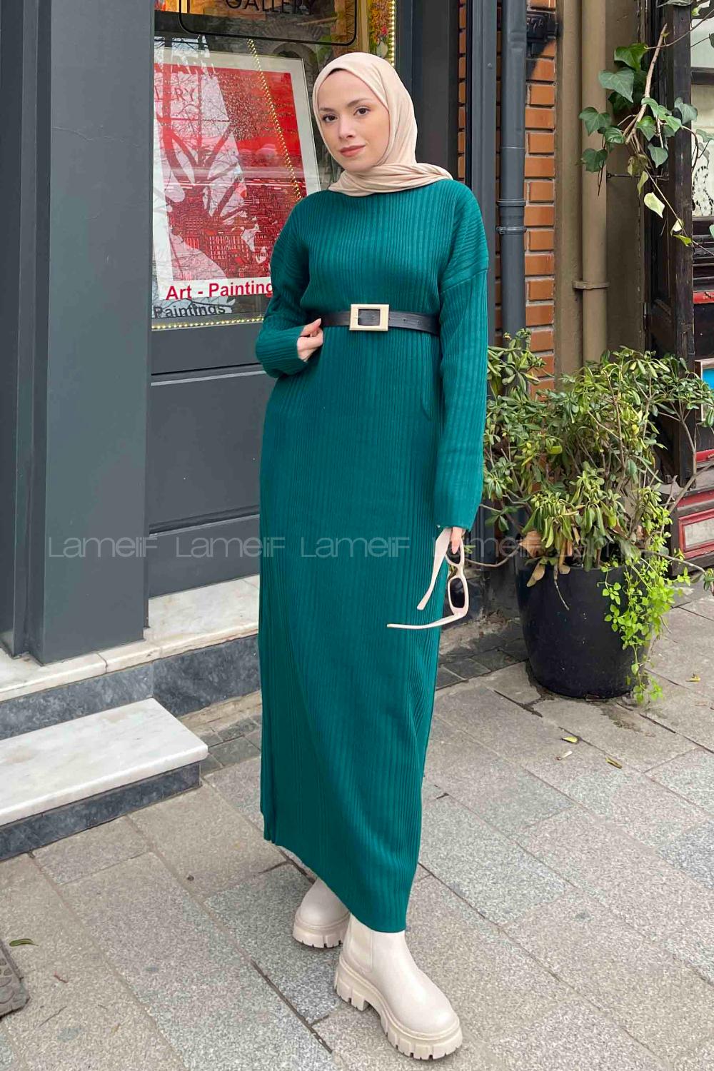 Lamelif Fitilli Triko Uzun Tesettür Elbise  Zümrüt