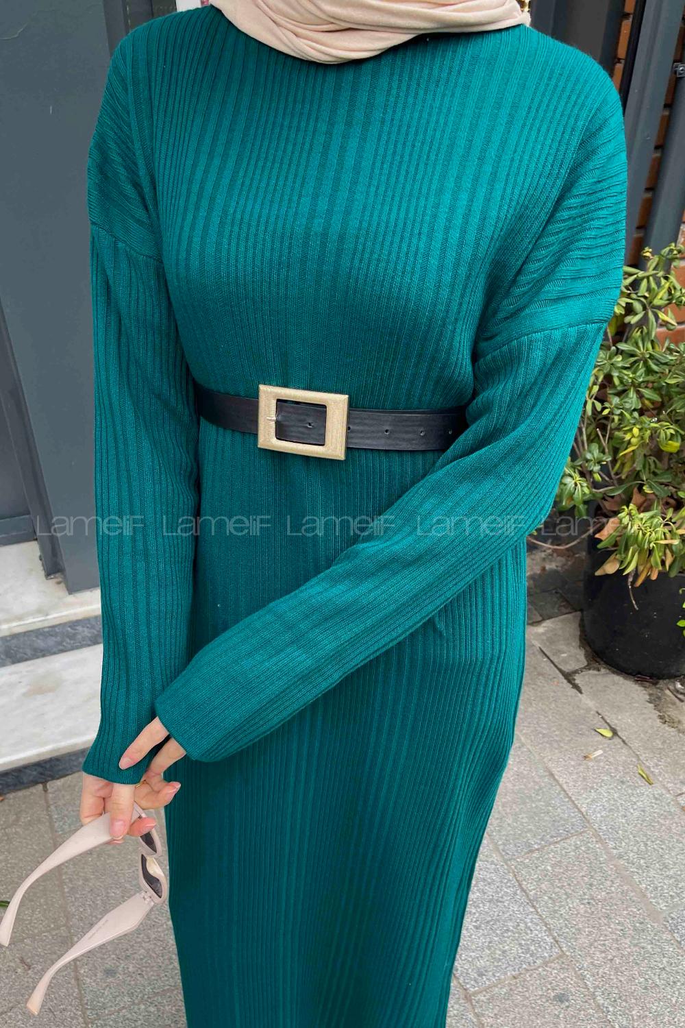 Lamelif Fitilli Triko Uzun Tesettür Elbise  Zümrüt