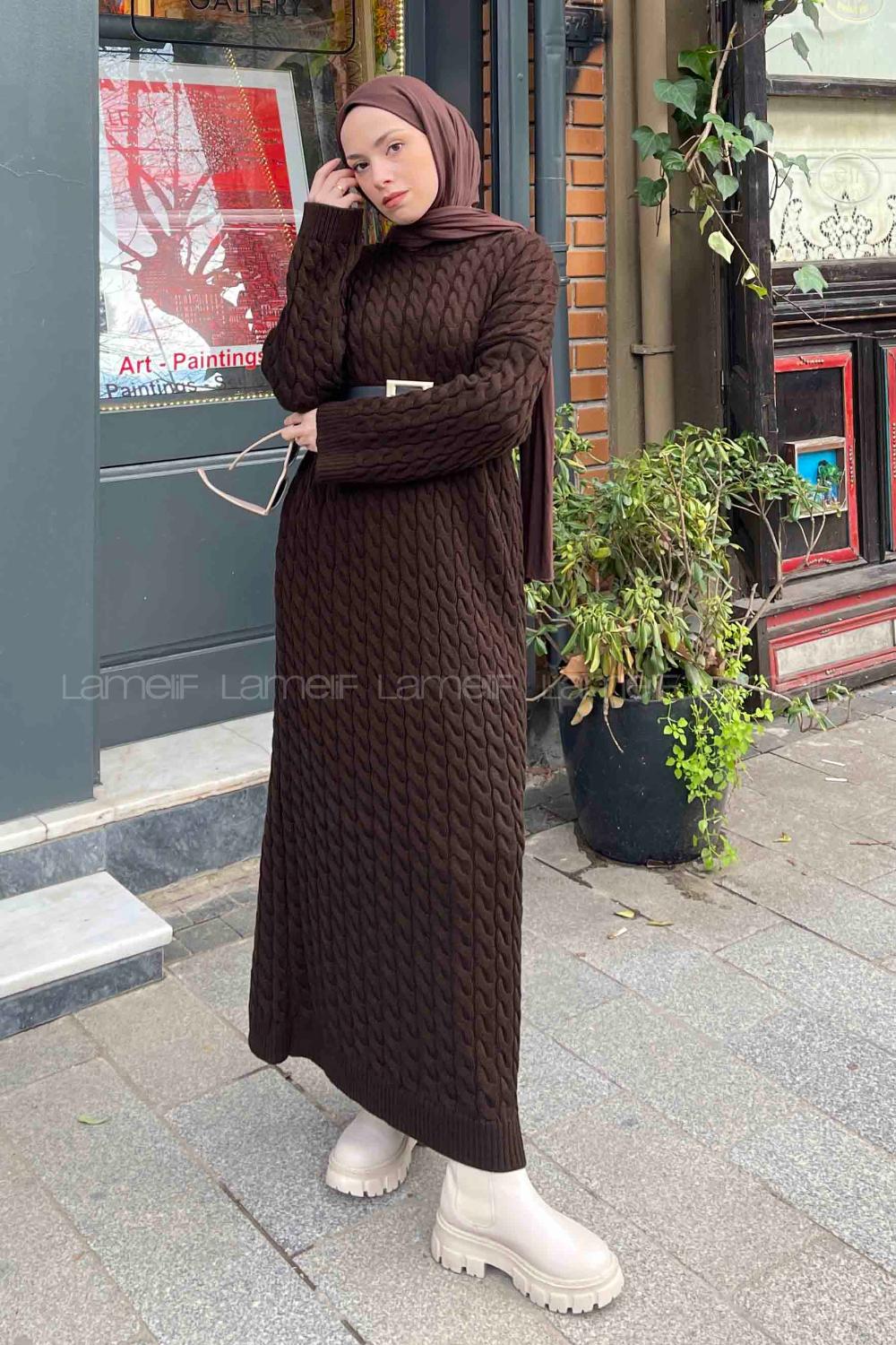 Bitter Brown Crew Neck Knitwear Unprinted Dresess