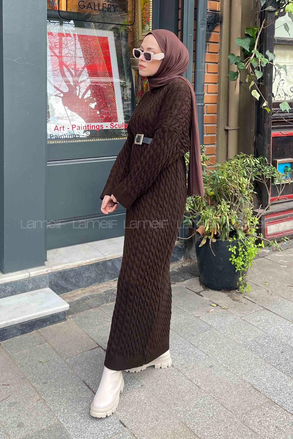 Bitter Brown Crew Neck Knitwear Unprinted Dresess