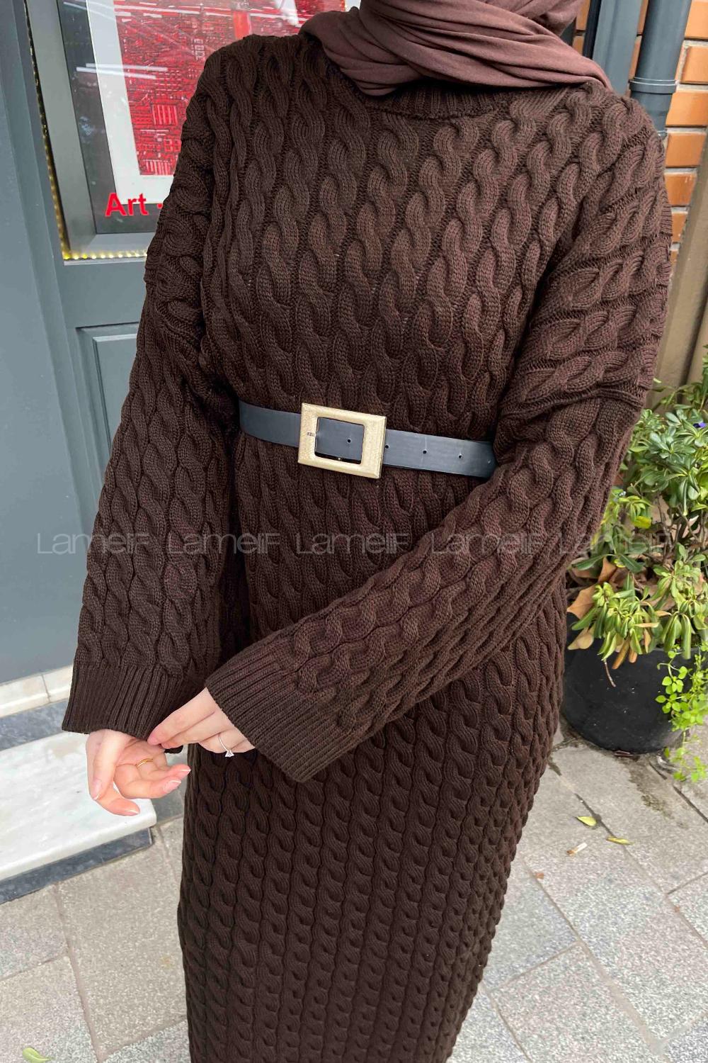 Bitter Brown Crew Neck Knitwear Unprinted Dresess