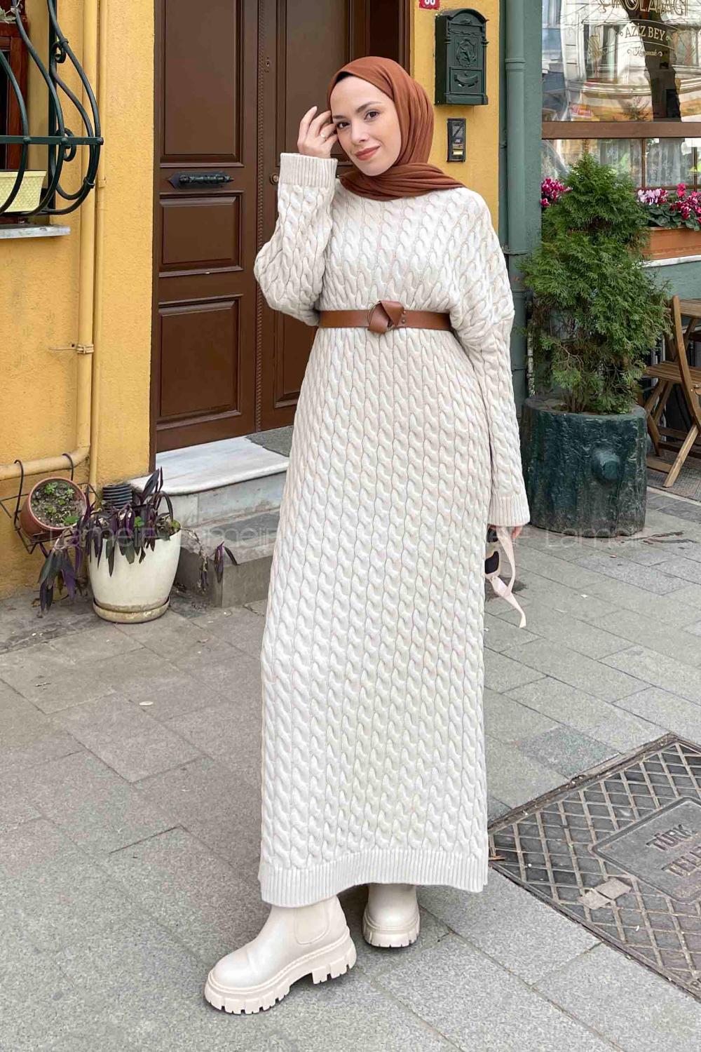 Lamelif Saç Örgü Uzun Elbise Bej