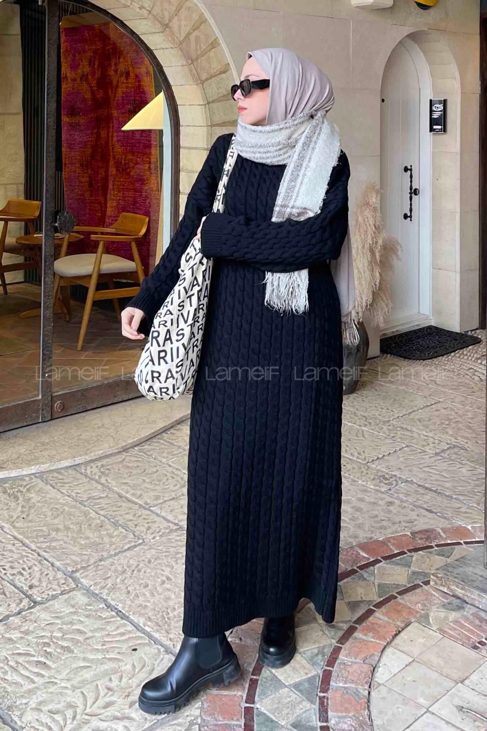 Lamelif Saç Örgü Uzun Elbise Siyah