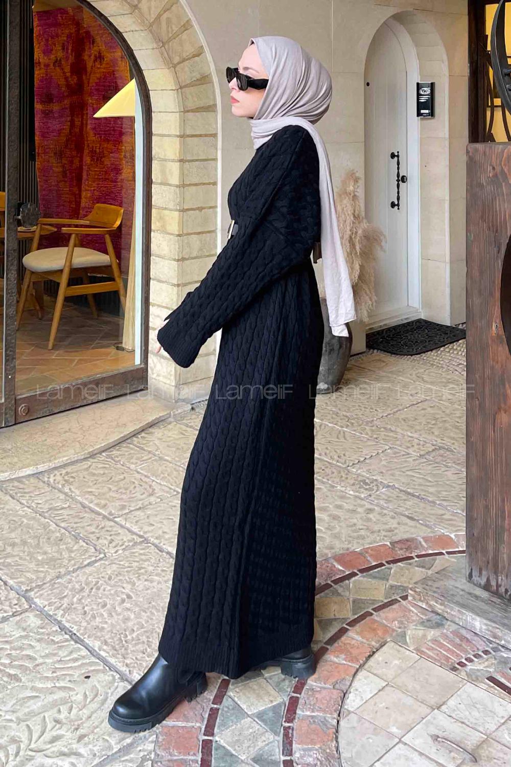 Lamelif Saç Örgü Uzun Elbise Siyah