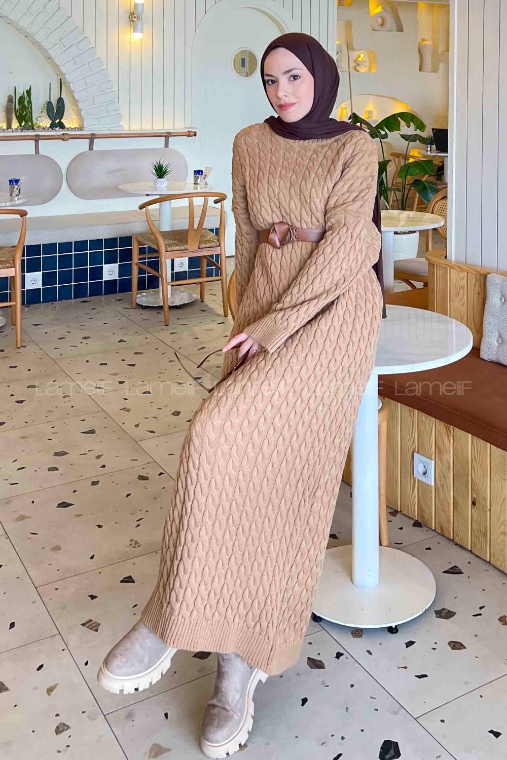 Lamelif Saç Örgü Uzun Tesettür Elbise Sütlü Kahve