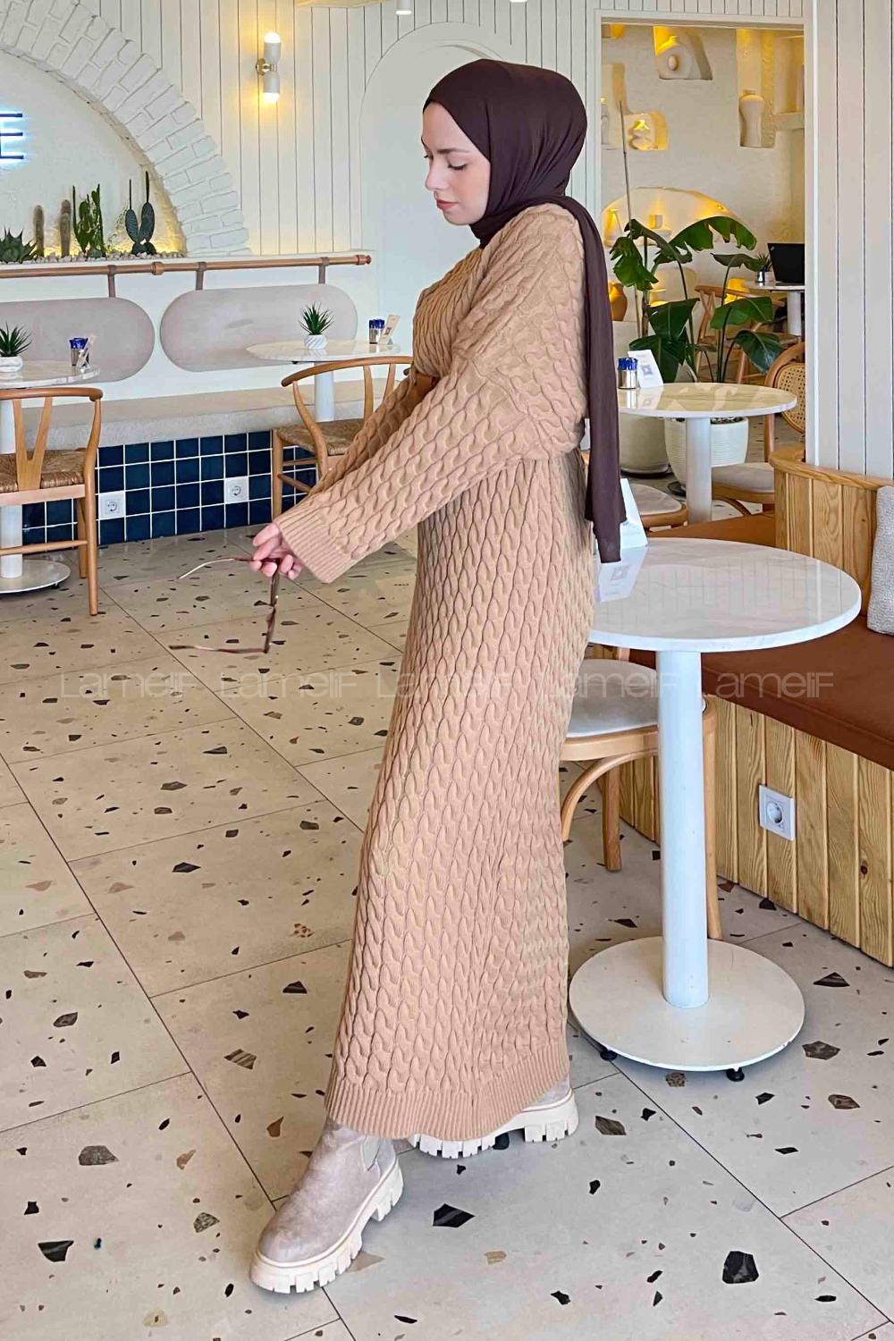 Lamelif Saç Örgü Uzun Tesettür Elbise Sütlü Kahve