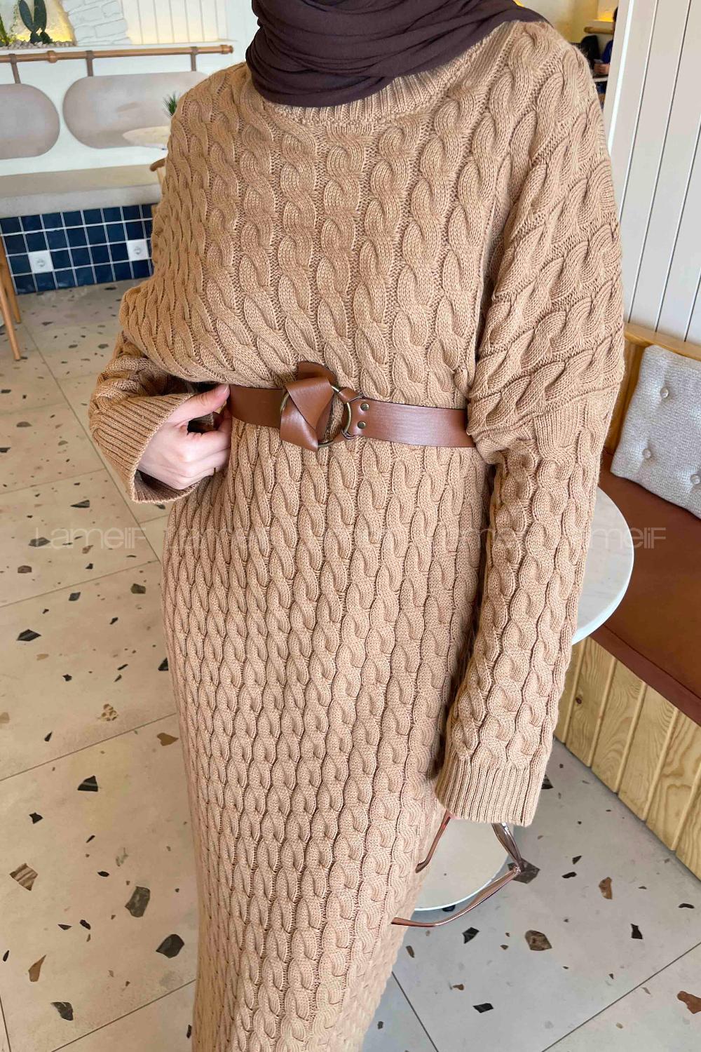 Lamelif Saç Örgü Uzun Tesettür Elbise Sütlü Kahve