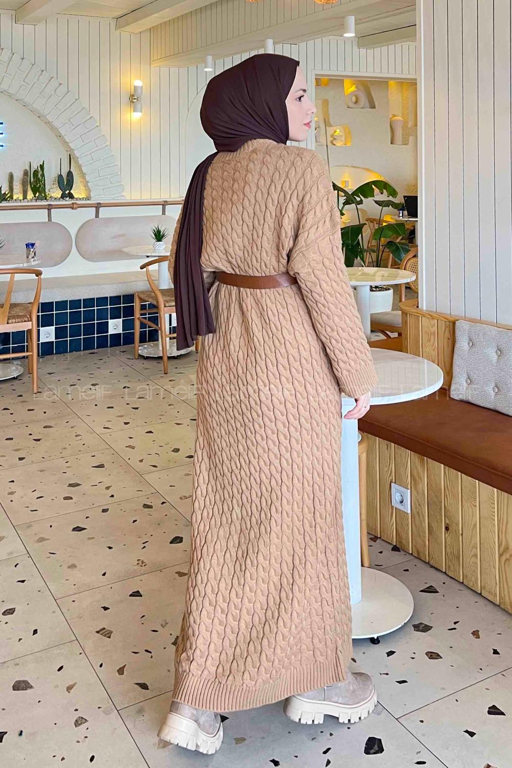 Lamelif Saç Örgü Uzun Tesettür Elbise Sütlü Kahve