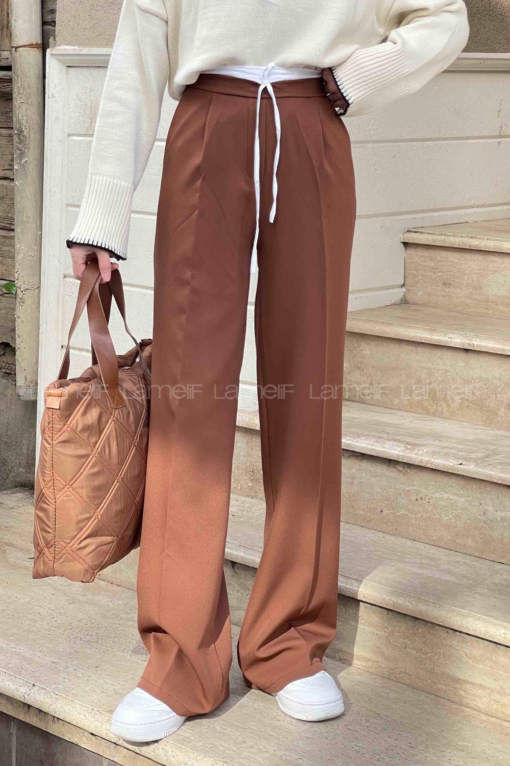 Lamelif Bağcık Detaylı Garnili Pantolon Kahverengi