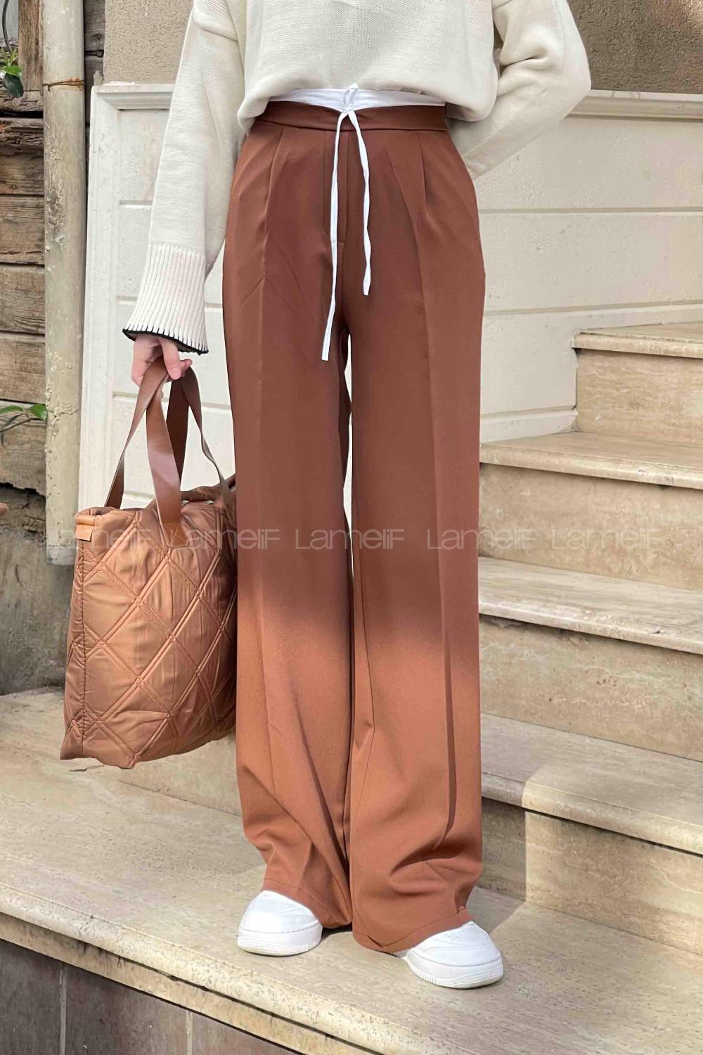 Lamelif Bağcık Detaylı Garnili Pantolon Kahverengi