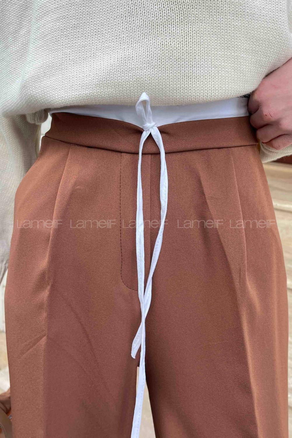 Lamelif Bağcık Detaylı Garnili Pantolon Kahverengi