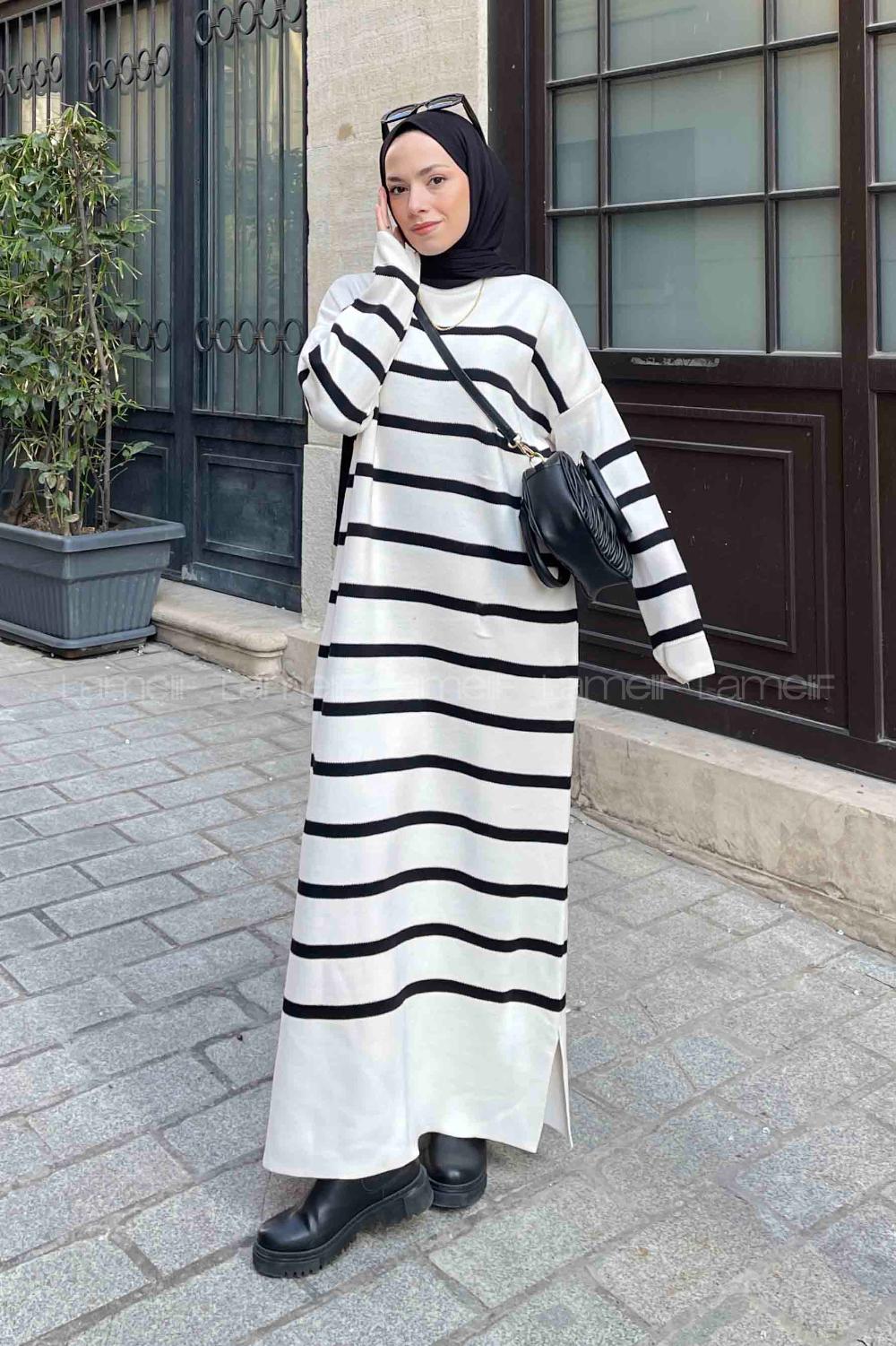 Lamelif Çizgi Detaylı Triko Tesettür Elbise Ekru