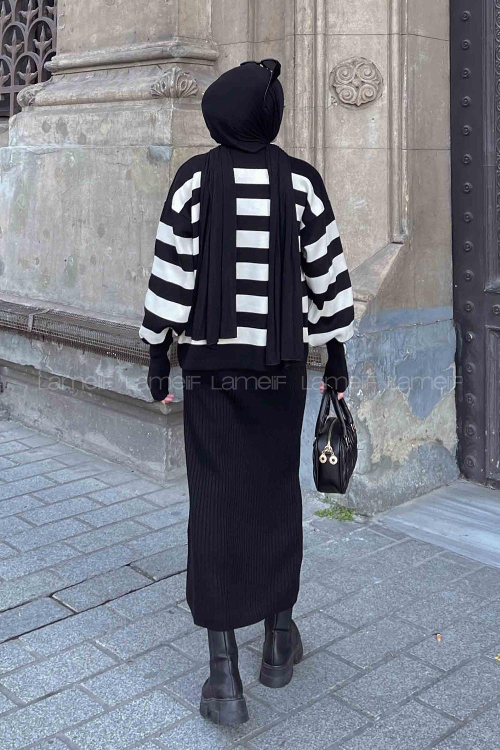 Lamelif Çizgili Kazak Triko Elbise İkili Takım Siyah