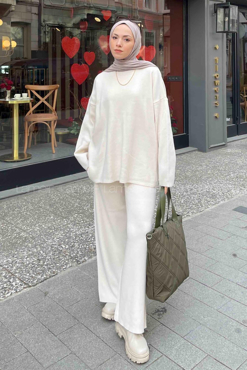 Lamelif Düz İkili Triko Tesettür Takım Ekru
