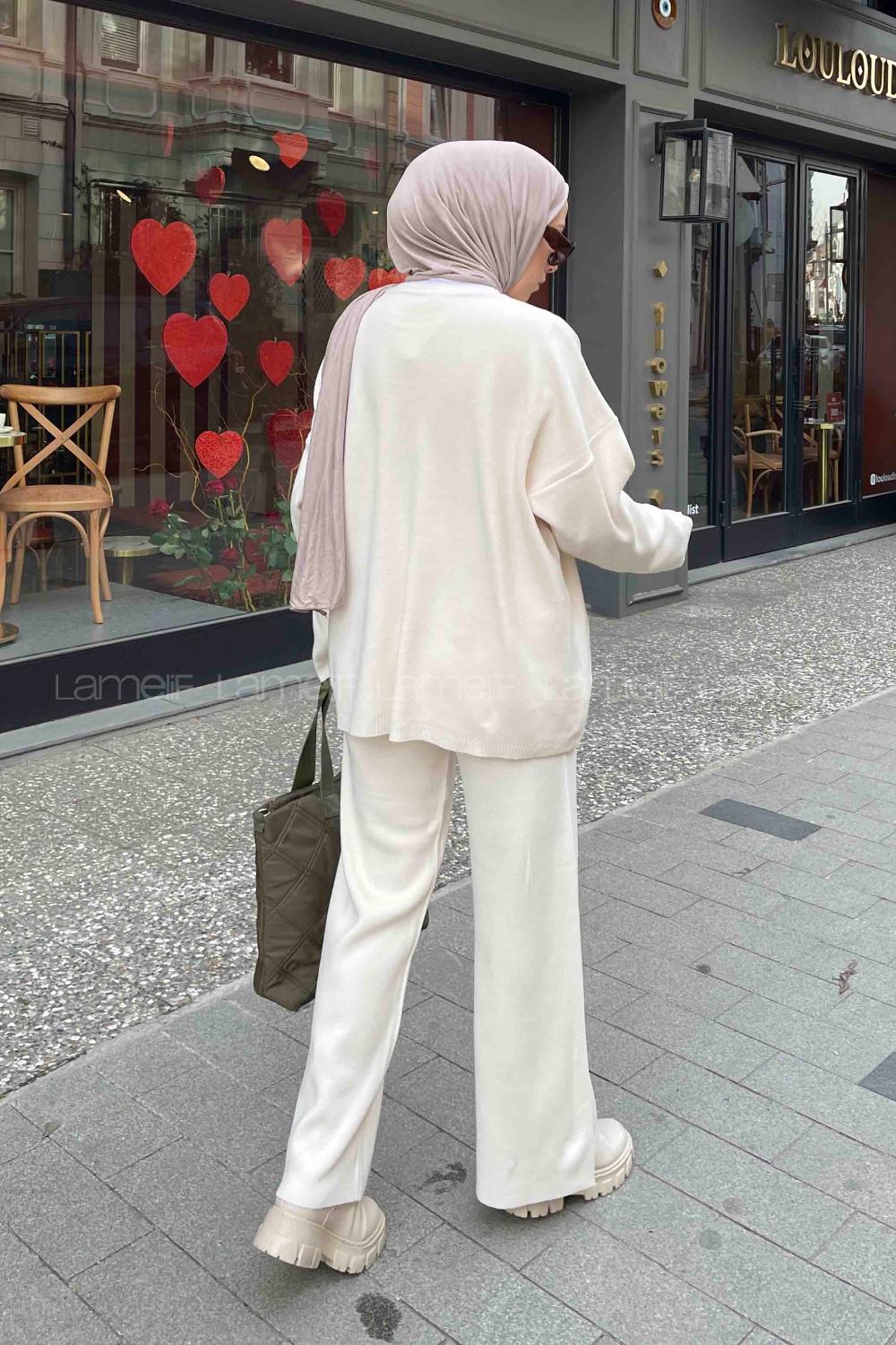 Lamelif Düz İkili Triko Tesettür Takım Ekru