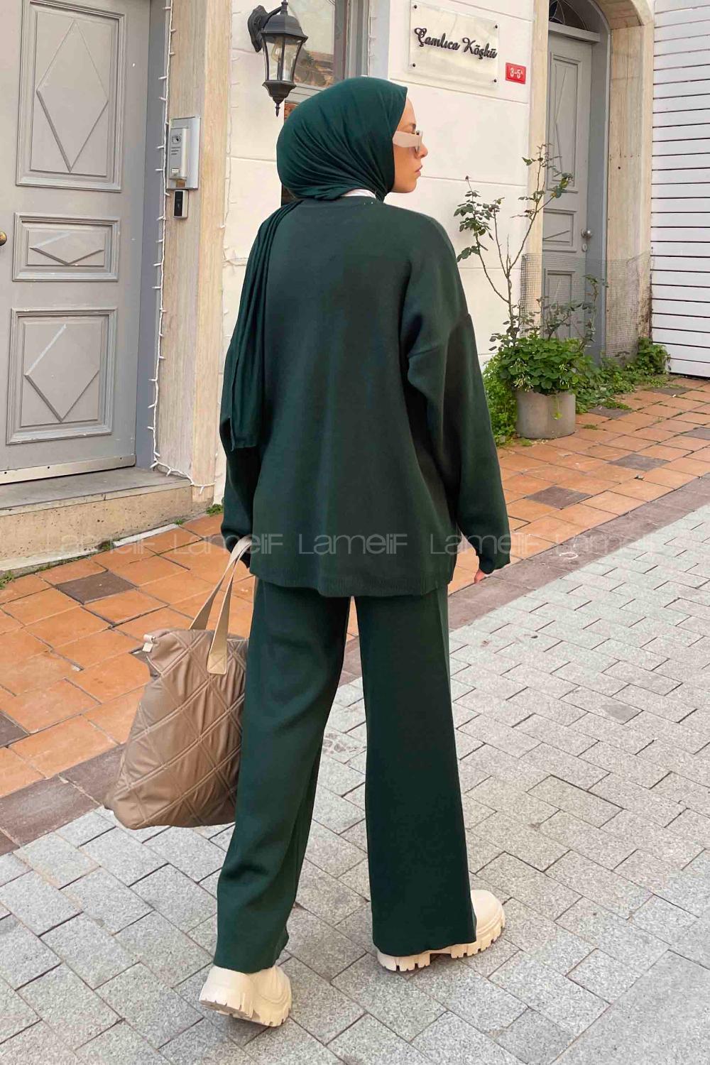 Lamelif Düz İkili Triko Tesettür Takım Zümrüt