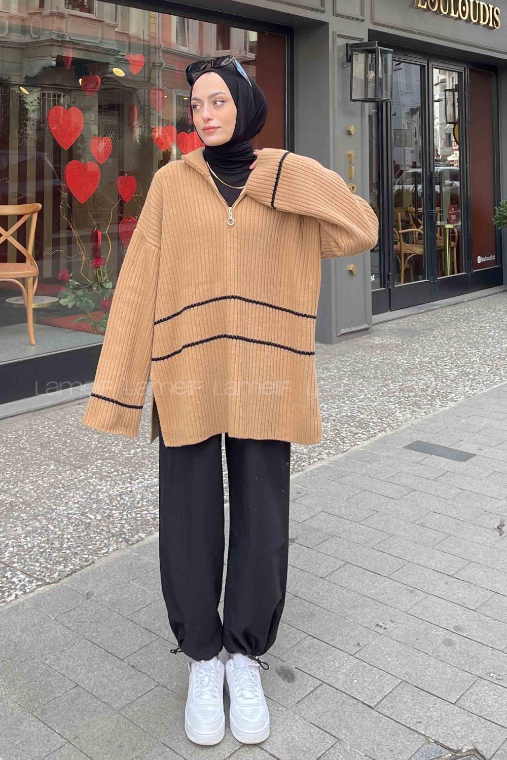 Camel Zippered Neck Knitwear Tunic