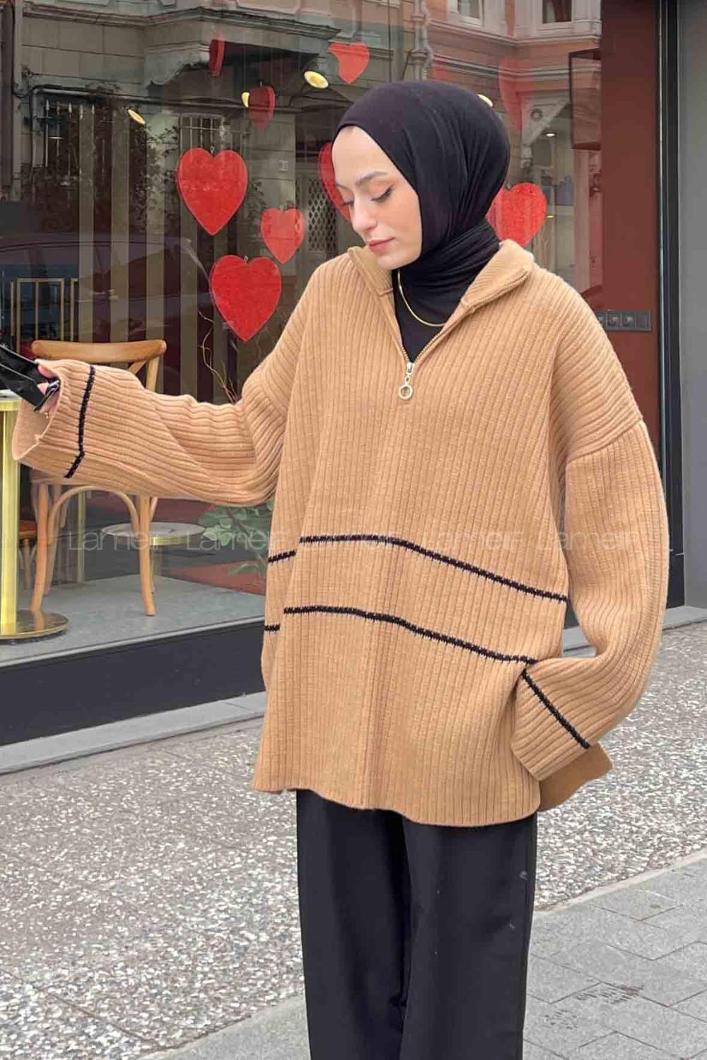 Camel Zippered Neck Knitwear Tunic