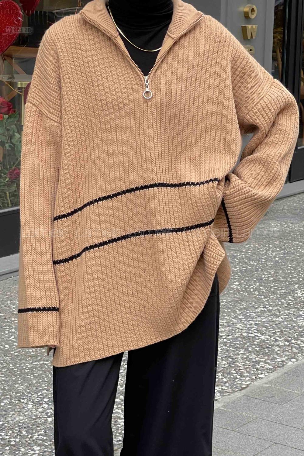 Camel Zippered Neck Knitwear Tunic