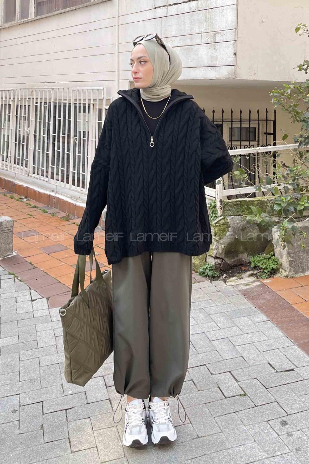 Lamelif Fermuarlı Saç Örgülü Kazak Siyah