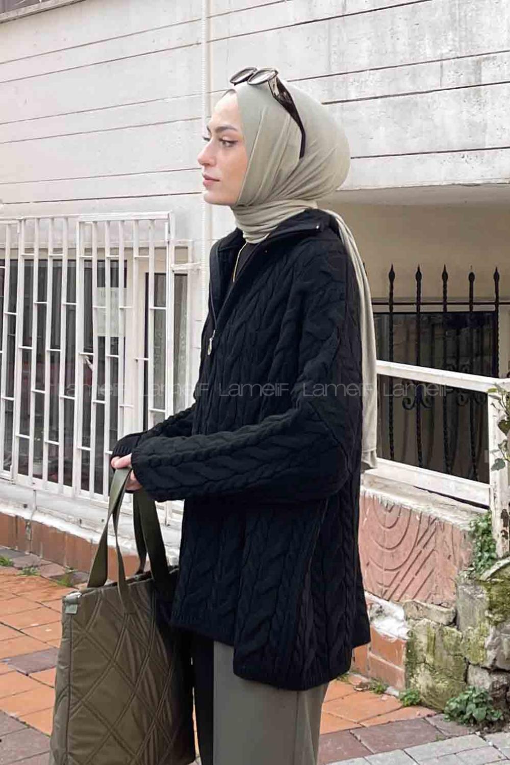 Lamelif Fermuarlı Saç Örgülü Kazak Siyah