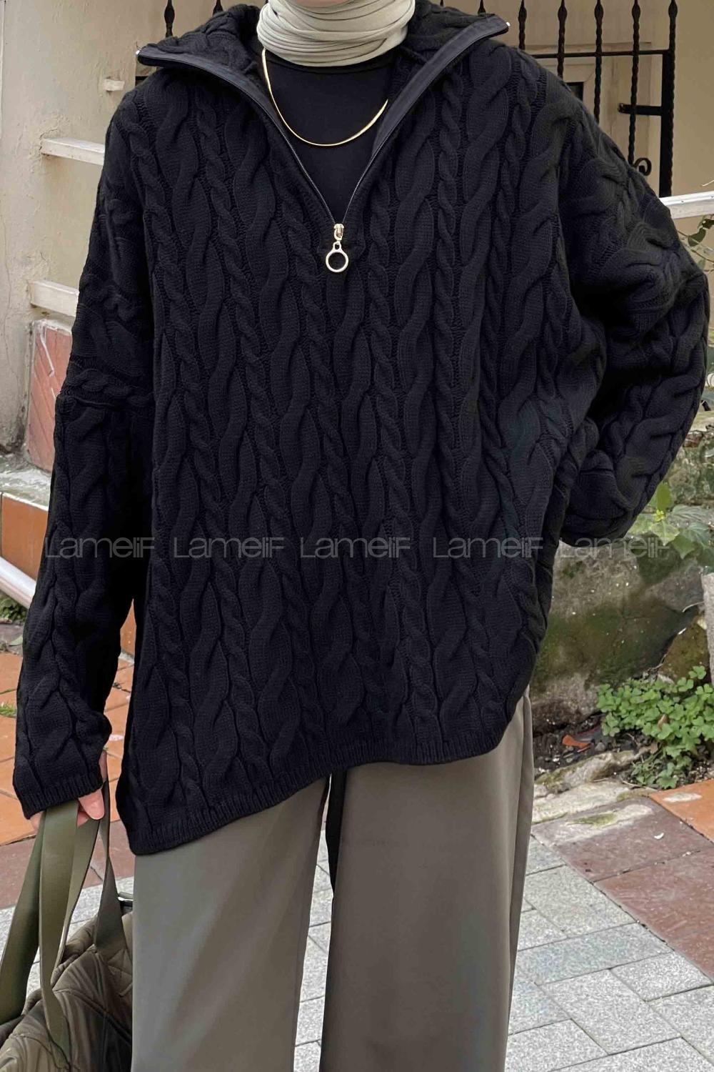 Lamelif Fermuarlı Saç Örgülü Kazak Siyah