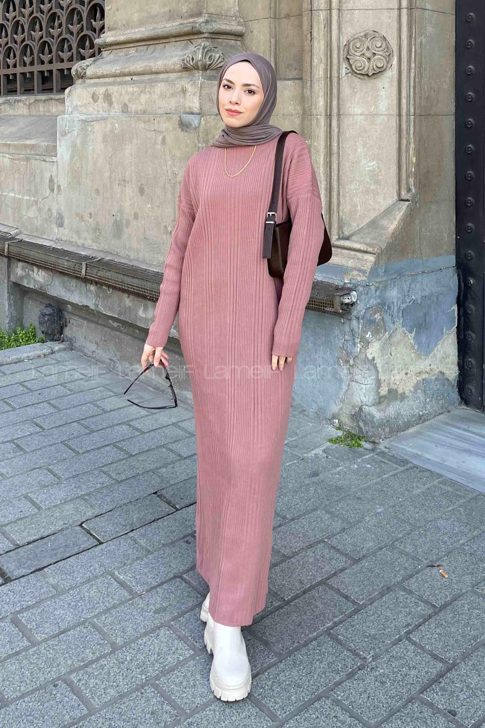 Lamelif Fitilli Triko Uzun Tesettür Elbise  Gül