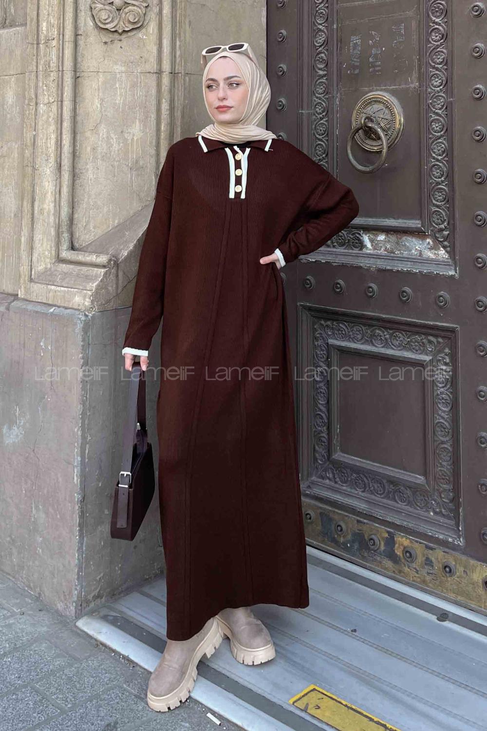 Lamelif Gold Düğme  Detaylı Triko Elbise Acı Kahve