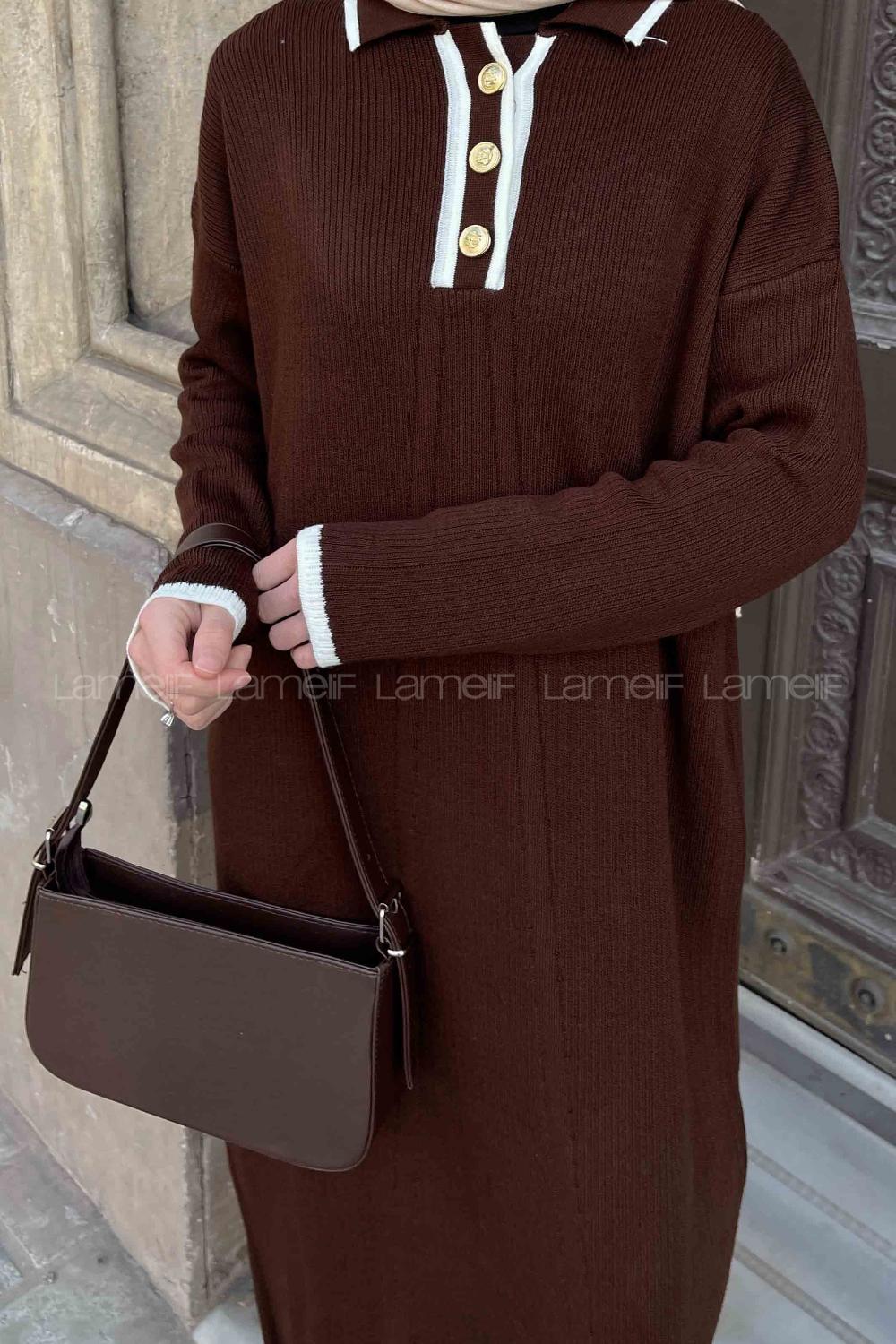 Lamelif Gold Düğme  Detaylı Triko Elbise Acı Kahve