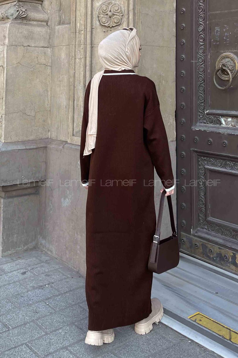 Lamelif Gold Düğme  Detaylı Triko Elbise Acı Kahve