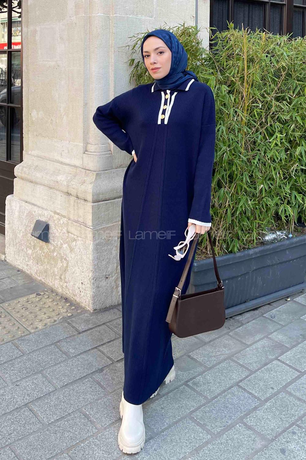 Lamelif Gold Düğme  Detaylı Triko Elbise Lacivert